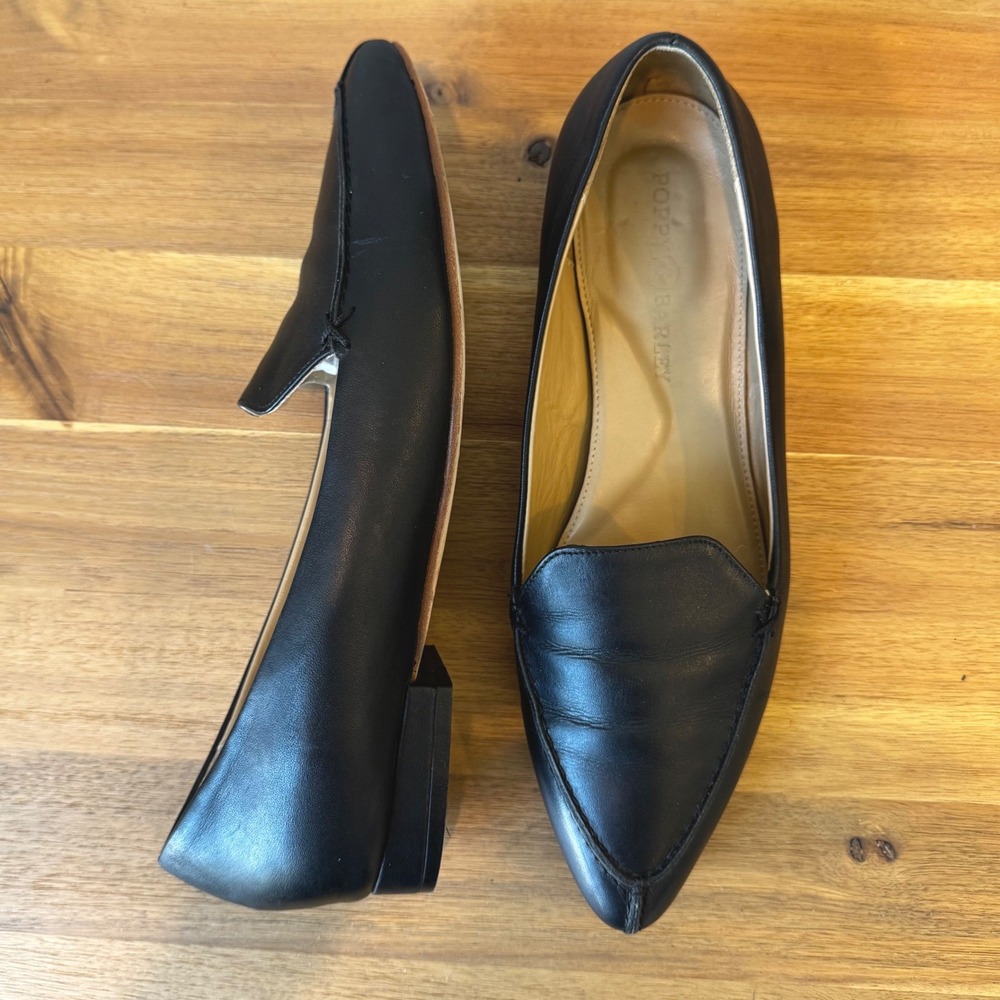 Poppy Barley Women 10 Black Leather Pointed Toe Loafer Flats Mexico Classic